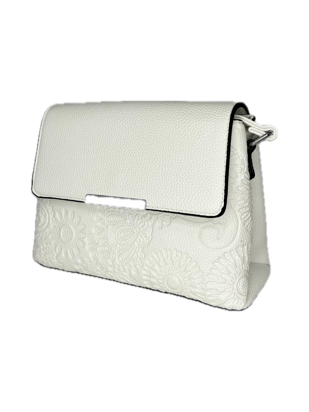 Malá bílá crossbody s klopnou a květinovým vzorem
