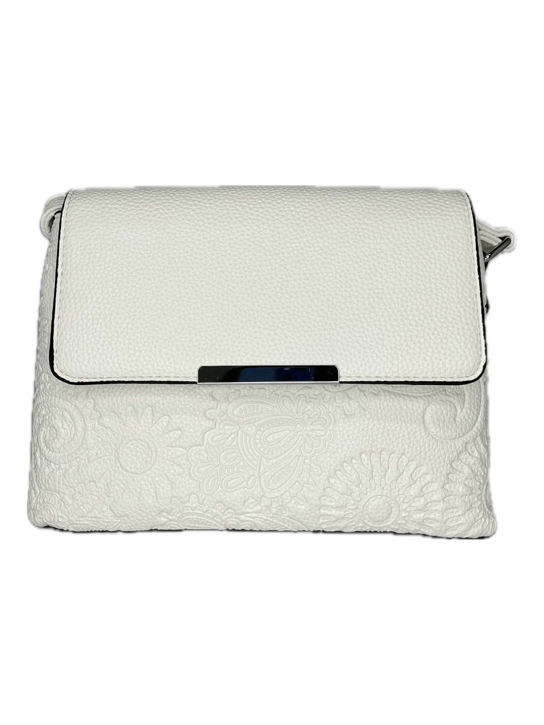 Malá bílá crossbody s klopnou a květinovým vzorem
