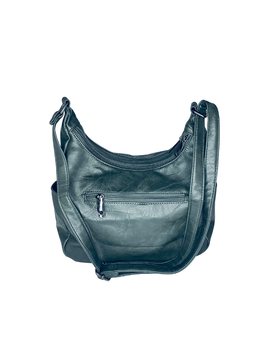 Dámská khaki kabelka ve tvaru gondoly s velkým množstvím kapes