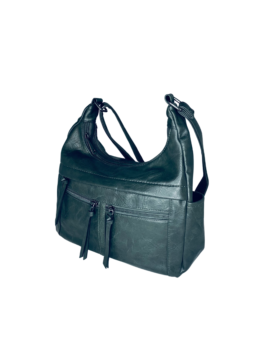 Dámská khaki kabelka ve tvaru gondoly s velkým množstvím kapes