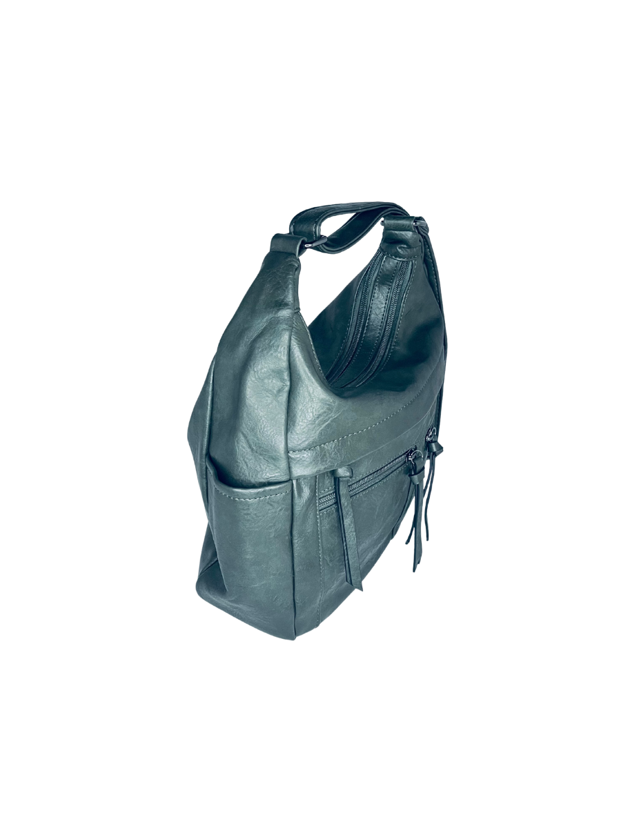 Dámská khaki kabelka ve tvaru gondoly s velkým množstvím kapes