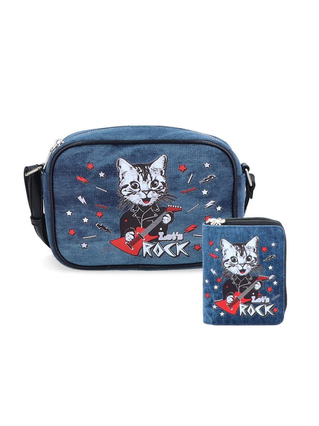 Malá crossbody kabelka jeans kočka - NOVINKA