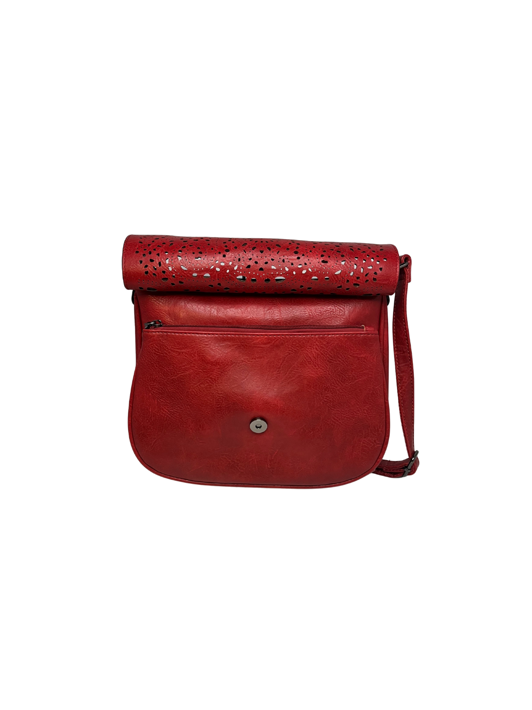 Dámská červená crossbody s klopnou zdobenou ražením